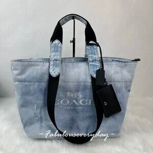 Coach Men's Small Tour Tote Bag In Loved Denim With Charms Sv/Light Indigo CDY49